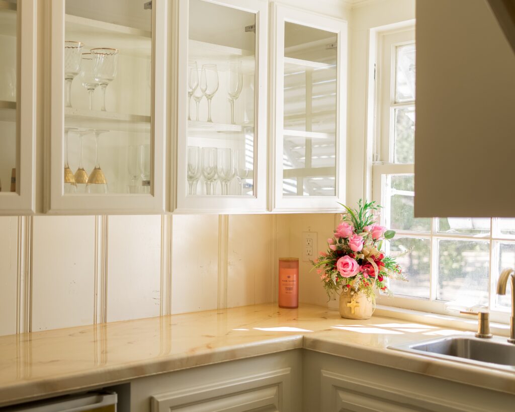 Lovely kitchen area with pretty flower bouquet at McComb MS wedding venue